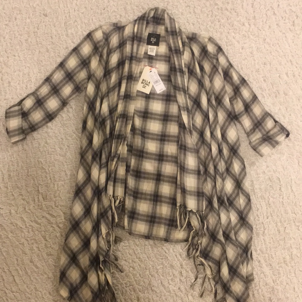 Flannel Open Front Fringe Cardigan